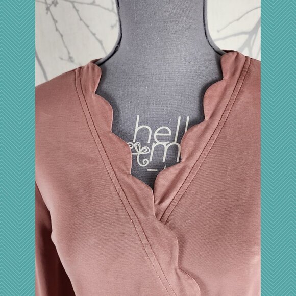Eri + Ali Blush Pink Modal Blend Scalloped Wrap Blouse Feminine - Picture 2 of 5